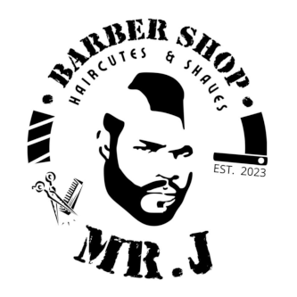 Logotipo Mr.J Barbershop sobre circulo blanco